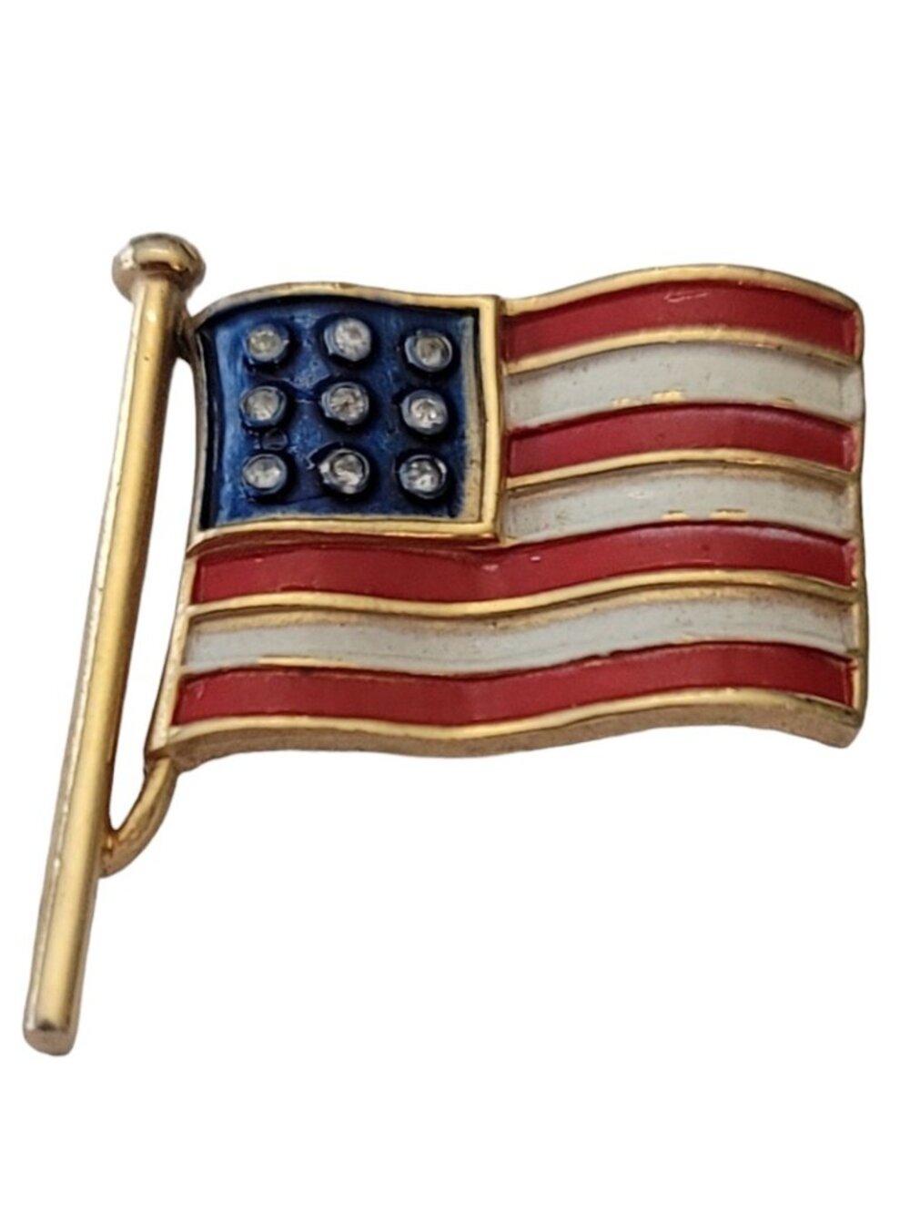 Trifari Red White Blue Enamel Clear Rhinestone US Flag Brooch Pin, Signed E711